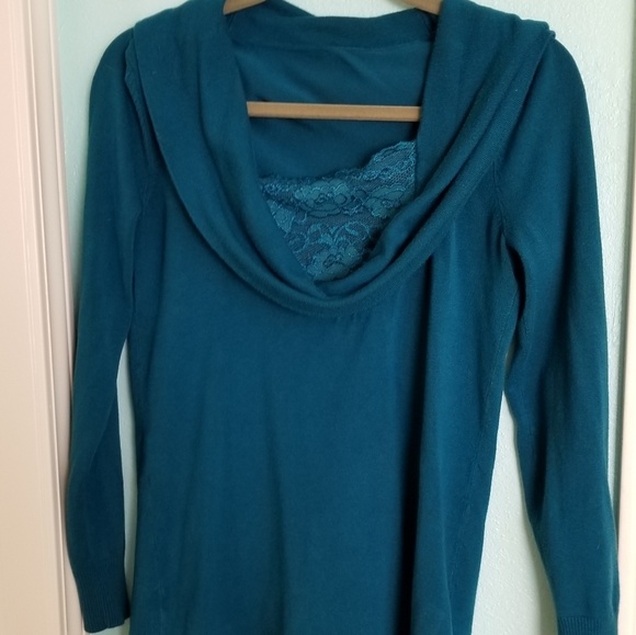 0 Sweaters - Elongating, blue green sweater, scooped neckline.